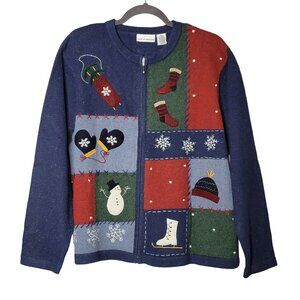 Christmas Holiday XL Zip Up Sweater Cardigan Winter Snowman Angora Wool Grandmac